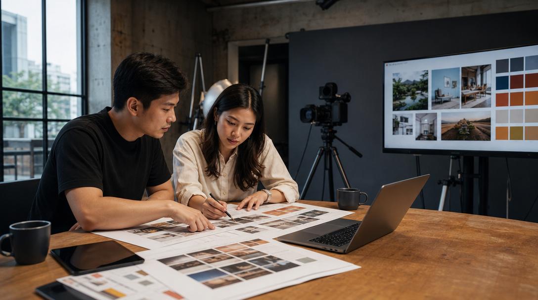 Glory Forest Media creative team reviewing a video production brief in a Singapore studio