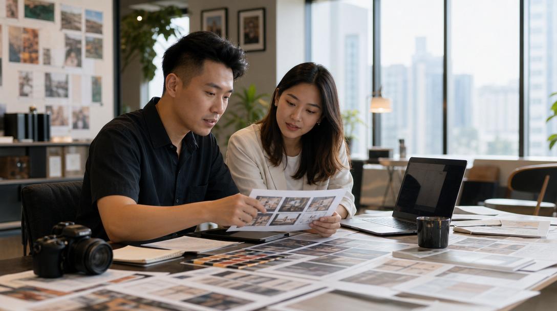 Singapore marketing and production teams reviewing campaign frames in an organised approval session
