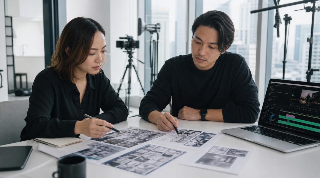 Creative team evaluating AI-generated campaign frames against brand and safety guidelines