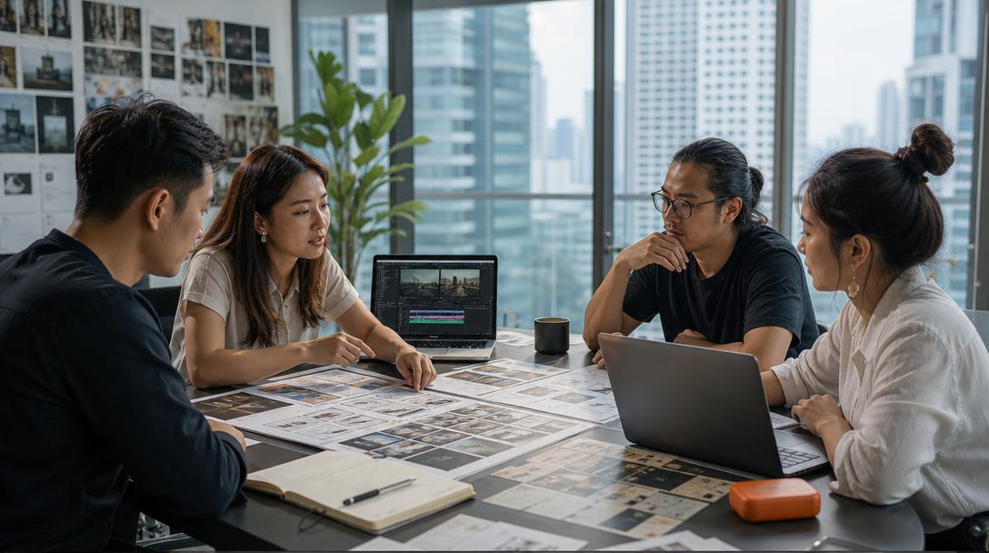 Glory Forest Media creative team reviewing an AI video production brief with storyboards in a Singapore studio