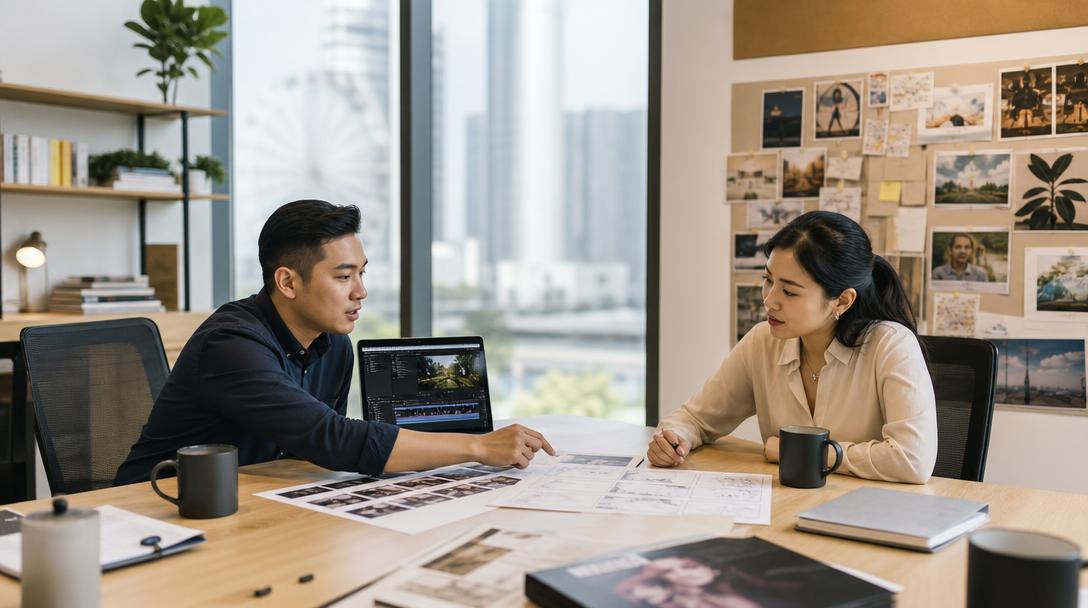 Producer reviewing creator-style UGC advertising variations for a Singapore brand