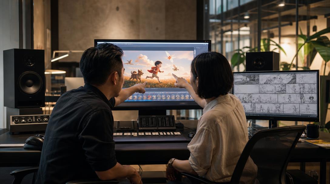 Glory Forest Media creative team reviewing AI animation frames for a Singapore brand campaign