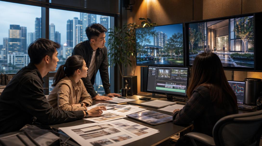 Glory Forest Media team reviewing AI video content for a Singapore property launch campaign in a professional studio