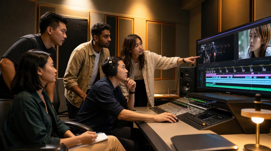 Glory Forest Media multilingual AI video localisation team reviewing Malay Mandarin Tamil voiceover content in Singapore studio