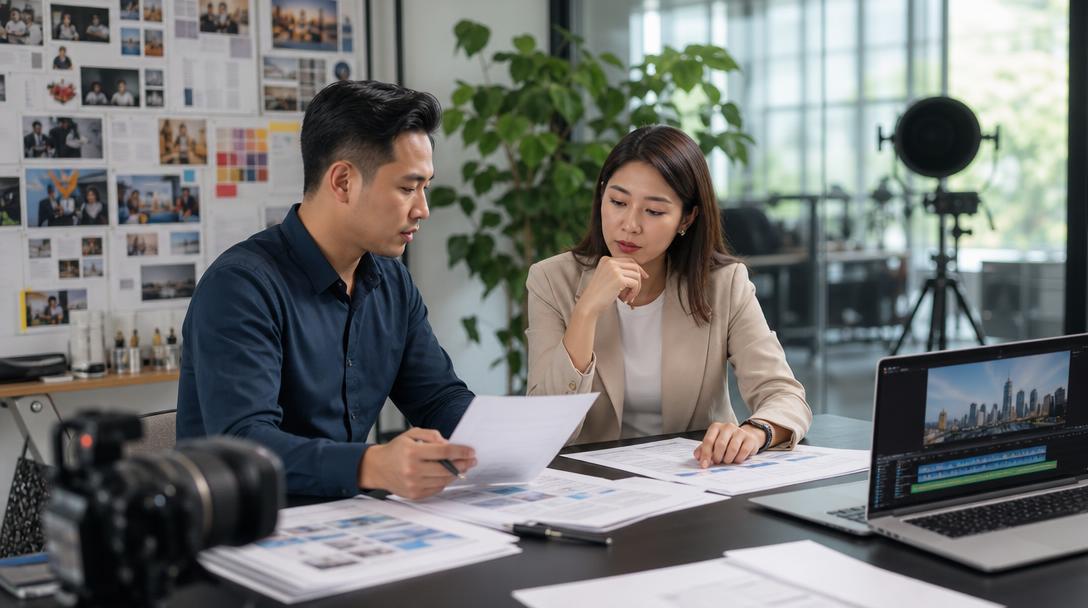 Glory Forest Media creative team reviewing AI video copyright and ownership documentation in a Singapore studio