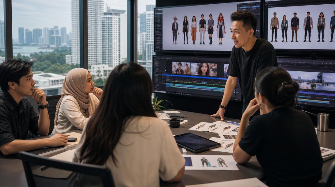 Glory Forest Media team reviewing AI-generated avatar concepts and synthetic talent video production in a Singapore studio