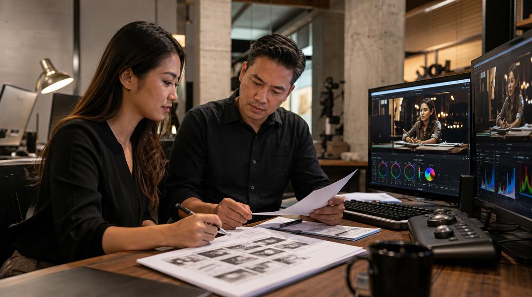 Glory Forest Media Singapore studio professionals reviewing AI actor consent and likeness rights documentation for commercial video