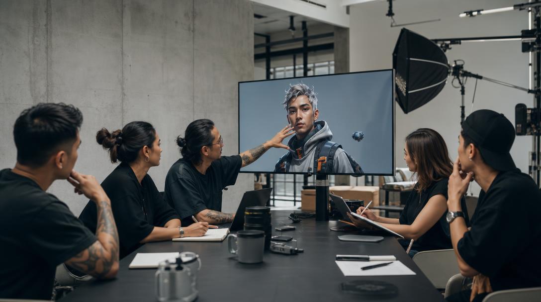 Glory Forest Media team reviewing AI-generated avatar designs for a Singapore brand video production project