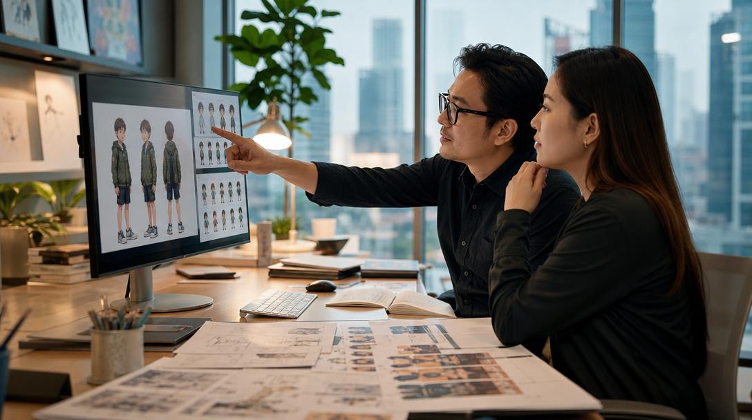 Glory Forest Media creative team reviewing AI-generated avatar and synthetic talent design for a Singapore brand video campaign