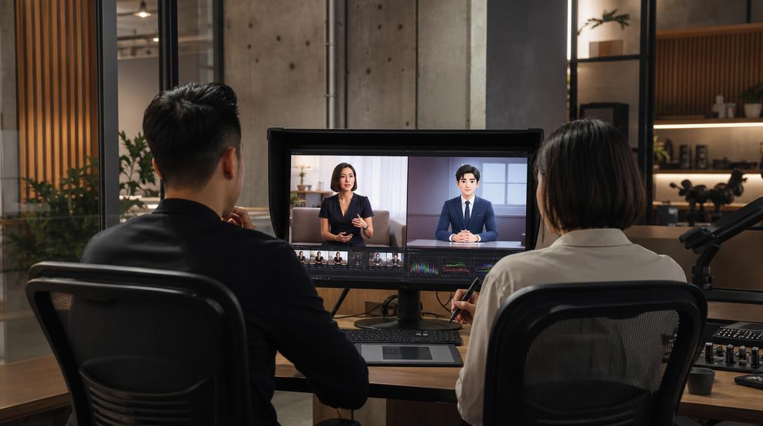 Glory Forest Media creative team reviewing AI avatar and digital spokesperson video options in a Singapore production studio