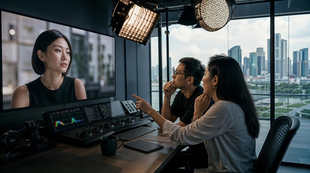 Glory Forest Media producers reviewing AI-generated avatar footage for brand risk assessment in a Singapore studio